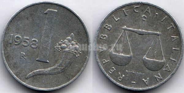 монета Италия 1 лира 1958 год