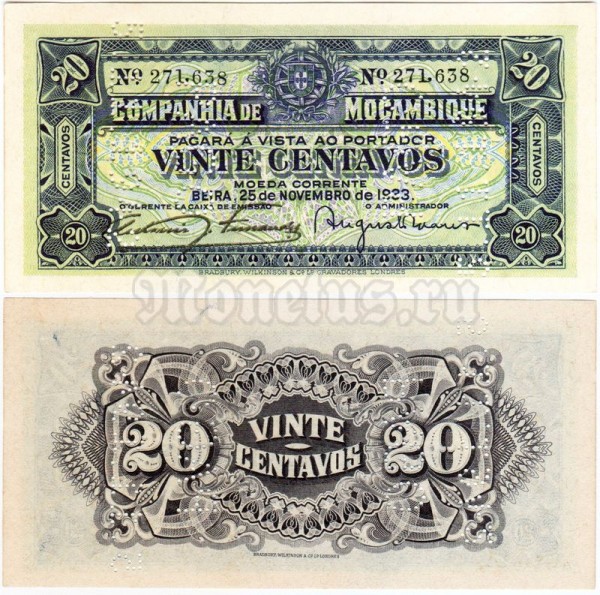 Банкнота Мозамбик 20 центавос 1933 год