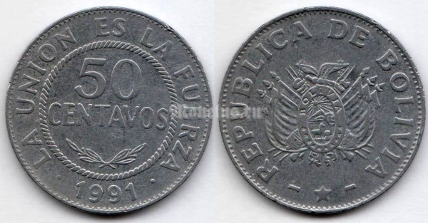 монета Боливия 50 сентаво 1991 год