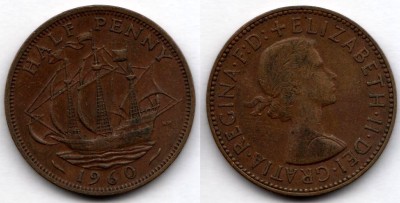 Монета Великобритания 1/2 пенни 1960 год