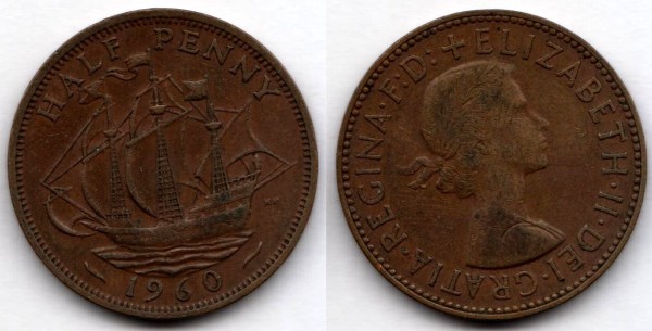 Монета Великобритания 1/2 пенни 1960 год