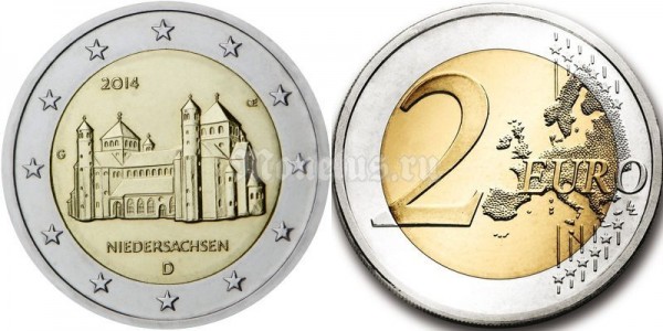 монета Германия 2 евро 2014 год Нижняя Саксония (Церковь св.Михаила, Хильдесхайм)