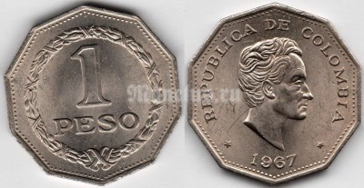 монета Колумбия 1 песо 1967 год