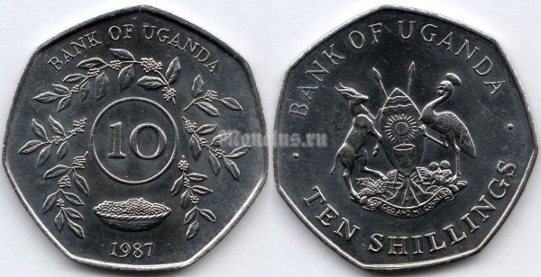 монета Уганда 10 шиллингов 1987 год