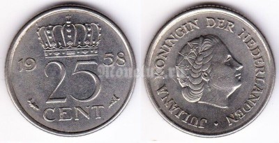 монета Нидерланды 25 центов 1958 год