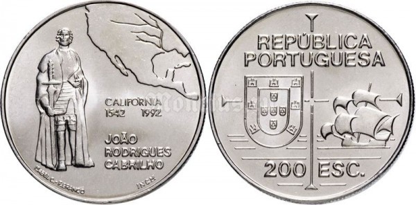 монета Португалия 200 эскудо 1992 год Великие географические открытия Калифорния