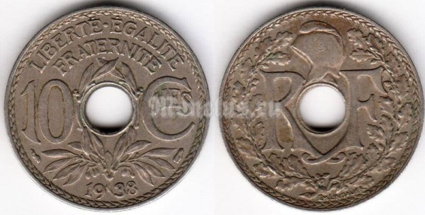 монета Франция 10 сантимов 1938 год