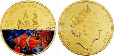 монета Фиджи 1 доллар 2009 год Серия Тропические рыбы Фиджи - Рыба-клоун/Percula Clownfish