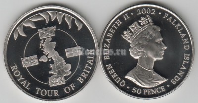 монета Фолклендские острова 50 пенсов 2002 год золотой юбилей Елизавета II - карта и флаги Великобритании