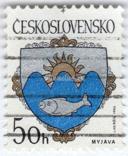 марка Чехословакия 50 геллер "Myjava" 1986 год Гашение