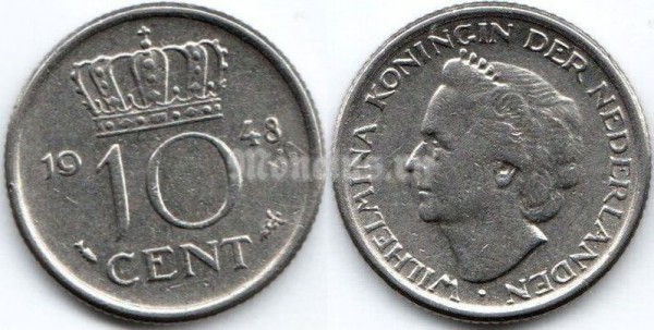 монета Нидерланды 10 центов 1948 год