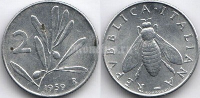 монета Италия 2 лиры 1959 год