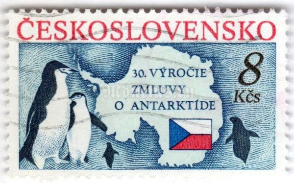 марка Чехословакия 8 крон "Chinstrap Penguin (Pygoscelis antarctica), Map" 1991 год Гашение