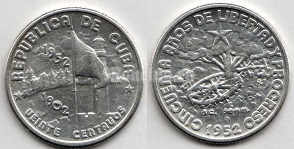 монета Куба 20 сентаво 1952 год
