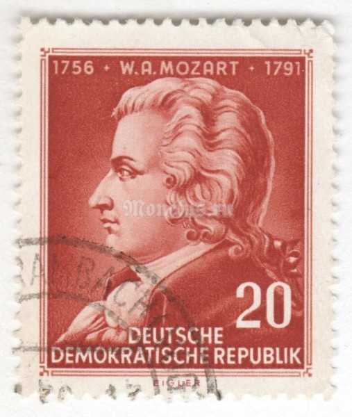 марка ГДР 20 пфенниг "Wolfgang Amadeus Mozart (1756-1791), composer" 1956 год Гашение