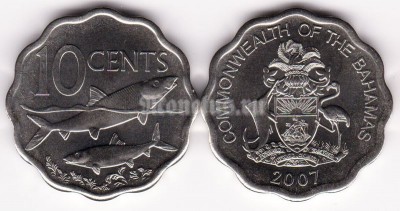 монета Багамы 10 центов 2007 год