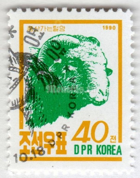 марка Северная Корея 40 чон "Domestic Sheep (Ovis ammon aries)" 1990 год Гашение