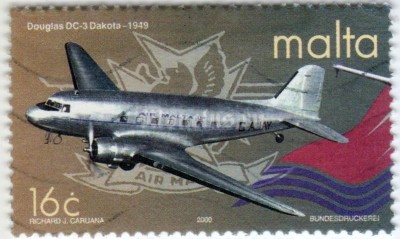 марка Мальта 16 центов "Douglas DC-3 Dakota of Air Malta Ltd, 1949" 2000 год гашение
