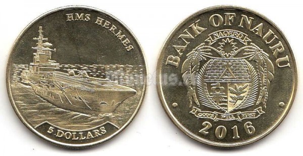 Монета Науру 5 долларов 2016 год Авианосец Гермес