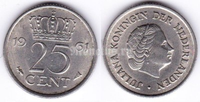монета Нидерланды 25 центов 1961 год