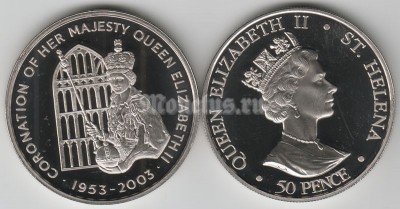 монета Остров Святой Елены  50 пенсов 2003 год 50-летие коронации королевы Елизаветы