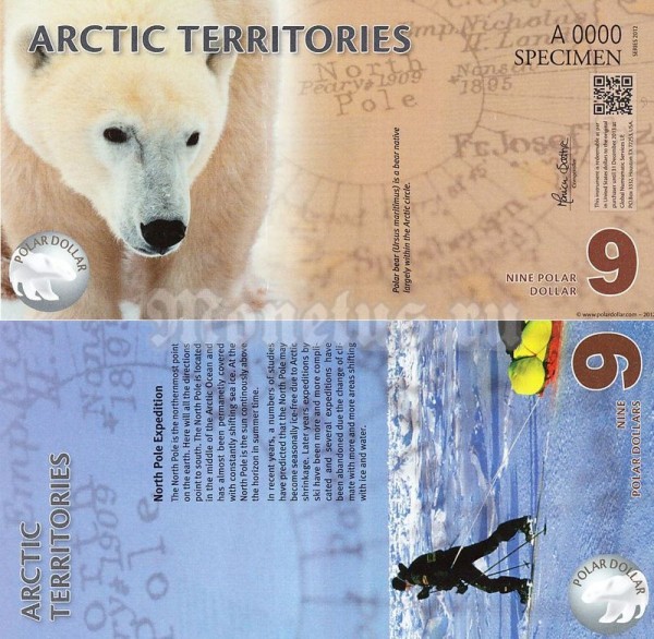 банкнота-образец Арктика 9 долларов 2012 год, пластик