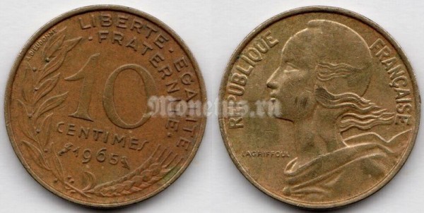 монета Франция 10 сантимов 1965 год