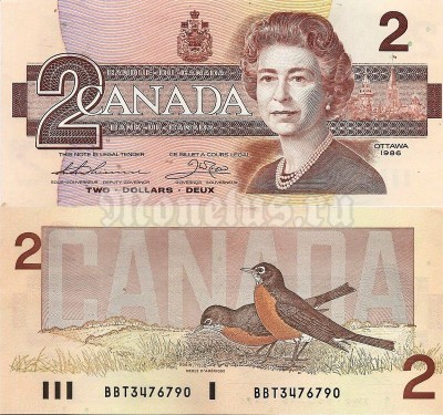 банкнота Канада 2 доллара 1986 год - птица Robin