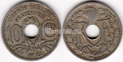 монета Франция 10 сантимов 1922 год