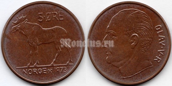монета Норвегия 5 эре 1973 год - Лось, UNC