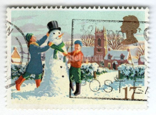марка Великобритания 17 пенни "Building a Snowman" 1990 год Гашение