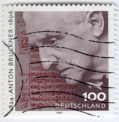 марка ФРГ 100 пфенниг "Anton Bruckner (1824-1896), austrian composer" 1996 год Гашение