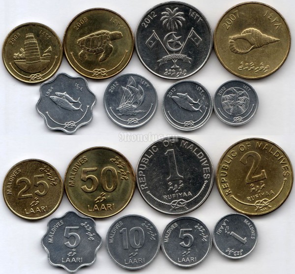 Набор из 8 монет Мальдивы 2007 - 2012 год