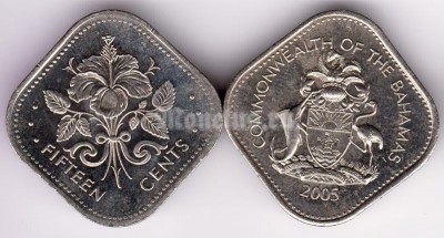 монета Багамы 15 центов 2005 год
