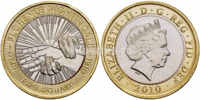 монета Великобритания 2 фунта 2010 год 100 лет со дня смерти Флоренс Найтингейл — сестры милосердия и общественного деятеля Великобритании