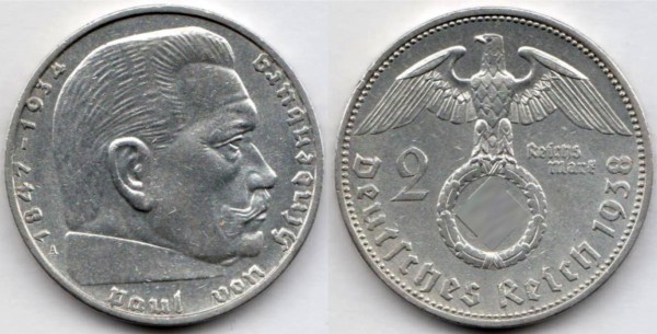 монета Германия 2 марки 1938 год