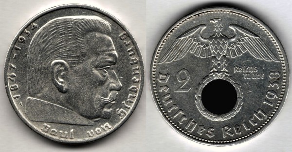 монета Германия 2 марки 1938 год