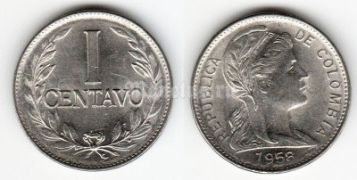 монета Колумбия 1 центаво 1958 год