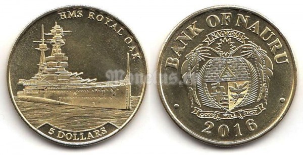 Монета Науру 5 долларов 2016 год Линкор Ройял Оук