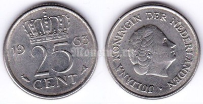 монета Нидерланды 25 центов 1963 год