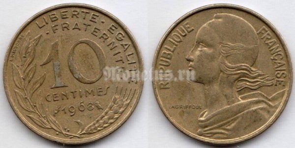 монета Франция 10 сантимов 1968 год