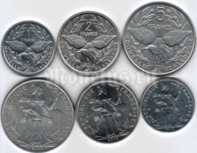 Набор из 3-х монет Новая Каледония 1, 2 и 5 франков 2002-2012 год