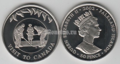 монета Фолклендские острова 50 пенсов 2002 год золотой юбилей Елизавета II - королева на хоккейном матче