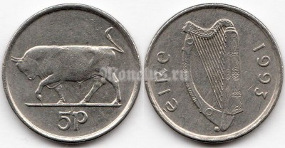 монета Ирландия 5 пенсов 1993 год