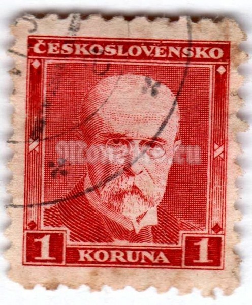 марка Чехословакия 1 крона "Tomáš Garrigue Masaryk (1850-1937), president" 1930 год Гашение