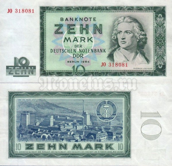 банкнота ГДР 10 марок 1964 год