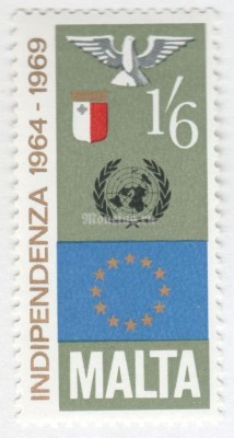 марка Мальта 1,6 шиллинга "U.N. and Council of Europe Emblems" 1969 год