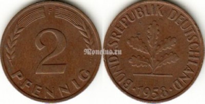 Монета Германия 2 пфеннига 1958 год F