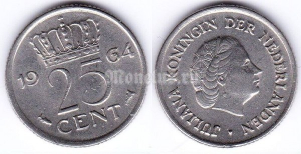 монета Нидерланды 25 центов 1964 год