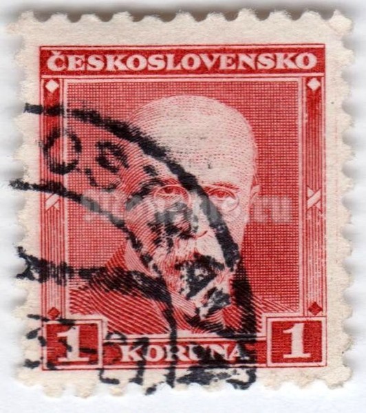 марка Чехословакия 1 крона "Tomáš Garrigue Masaryk (1850-1937), president*" 1930 год Гашение